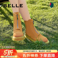 百丽擦色鞋头工装靴女时髦拉链短靴B0986DD2 棕色 36