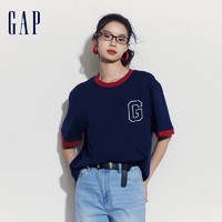 Gap 盖璞 男女装2024夏季纯棉logo撞色领袖口短袖T恤简约上衣502314 海军蓝 165/84A(XS) 亚洲尺码