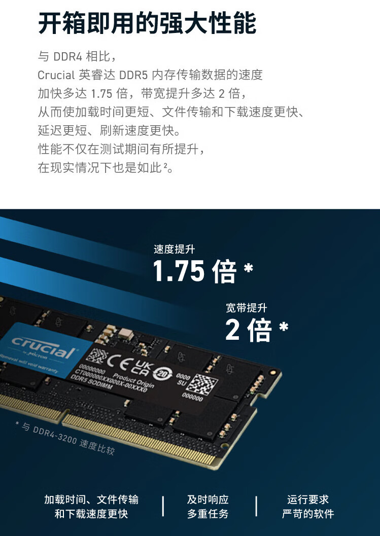 Crucial 英睿达DDR5 5600MHz 笔记本内存普条黑色32GB CT32G56C46S5
