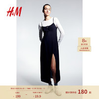 H&M 女装2024春季低领口修身版抽绳设计中长连衣裙1224678 黑色 155/76A