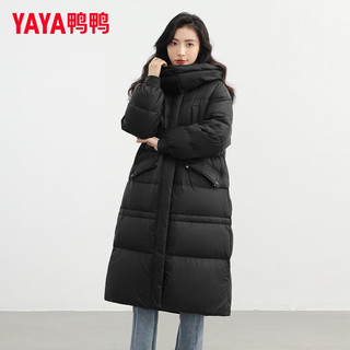 鸭鸭（YAYA）羽绒服女长款过膝2024冬季加厚撞色连帽韩版气质潮流外套 黑色 L【体重120-140斤】