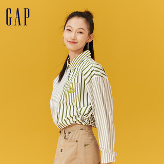 Gap 盖璞 女装春季2024抽绳开叉长袖刺绣翻领衬衫纯棉上衣873202 绿色条纹 175/92A(XL) 亚洲尺码