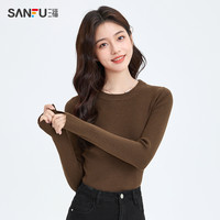 三福打底毛针织衫2024秋季气质圆领修身显瘦内搭长袖上衣女装 棕色 165/88A/M