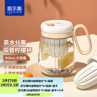哈尔斯（HAERS）玻璃杯泡茶杯高颜值办公室大肚吸管杯茶水分离杯子女生 米色850ml【高硼硅玻璃 带茶仓】