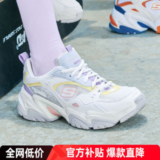 SKECHERS 斯凯奇 女鞋加绒 潮流运动鞋厚底熊猫鞋耐磨老爹鞋低帮休闲鞋 全黑色/加绒/经典熊猫鞋