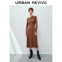 URBAN REVIVO UR秋冬新款女时尚扭结设计感斜肩领紧身长袖连衣裙UWH730044 咖啡色 S