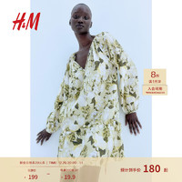 H&M 女装连衣裙2024夏季宽松圆领印花灯笼长袖系带短裙1217790 浅米色/花卉 165/96 M