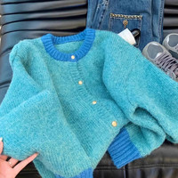 薇靡雅小香风黄色短款毛衣外套女2024春秋季厚慵懒风小个子针织开衫 1490蓝色 均码