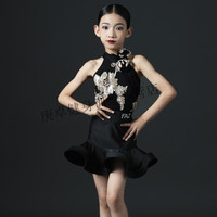 法舒琳 夏季新款网红表演演出服女童练习演出服儿童拉丁舞舞蹈服套装 黑色印花鱼尾裙  分体套装 XXXS