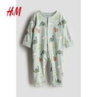 H&M 童装女婴幼童宝宝家居服2024夏季印花连体睡衣1200792 浅灰绿色/恐龙 52/40