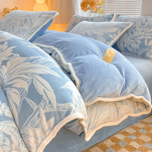 Krupp Corp A类母婴级加厚加密夹边雕花牛奶绒四件套 冬季保暖绒床笠套件 墨花如梦-c 床单款 1.8米床(被套200*230cm)