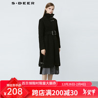 S.DEER圣迪奥2022女装个性高领收腰仿羊羔绒黑色长款大衣 黑色/91 S/160