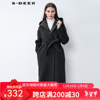 S.DEER 2022冬季宽松型纯色羊毛女装西装领羽绒拼接收腰长款毛呢大衣 深灰/97 S/16