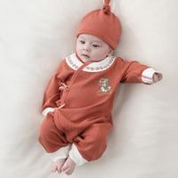 【奶柔棉】新生婴儿连体衣春秋季新中式红色哈衣满月百天宝宝衣服