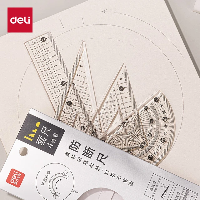 得力(deli)15cm防断套尺 按压易拾取尺子 直尺+三角尺*2+量角器 VC126 颜色随机