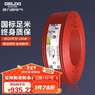 DELIXI 德力西 电线电缆BV10平方单芯多股铜线 家装家用铜芯电线100米红色火线