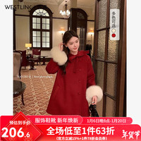 西遇中长款法式斗篷大衣女2024年冬季富家千金风暖和毛呢上衣 酒红色 S (155)