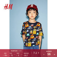 H&M 2024秋季童装男童印花T恤1251228 深蓝色/疯狂动物城 150/76