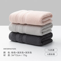 三利毛巾男纯棉7A抗菌家用洗脸洗澡柔软女面巾全棉吸水不易掉毛 粉色+浅灰+深灰