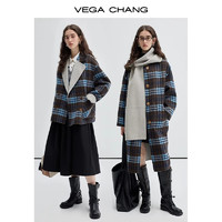 VEGA CHANG【绵羊毛+羊驼毛】双面呢女2024高级感双面穿外套 北欧蓝格纹-长款送围巾 S