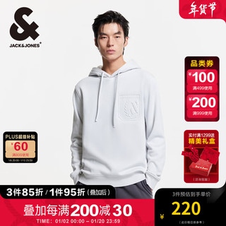 杰克琼斯 杰克·琼斯（JACK&JONES）男装衣服秋冬钢印图案抽绳保暖连帽卫衣男潮流加绒套头帽衫厚款 雨云灰 常规 165/88A/XS