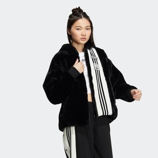 adidas ORIGINALS 三叶草女款秋冬季运动休闲毛绒保暖时尚连帽宽松仿羊羔绒棉服