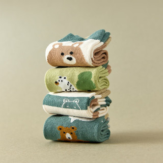 卡拉美拉 儿童袜子男童女童棉袜亲肤透气中筒袜可爱卡通袜休闲 绿色熊5色 5双 1-3岁 (S)