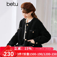 betu百图女装冬季短外套圆领复古时尚外套长袖短外套女2211T84 黑色 XS