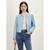 春秋时尚蓝色精致小香风单排扣圆领外套女气质