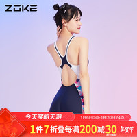 洲克泳衣女平角连体竞技123501420 深兰/玫兰白菱形花 2XL
