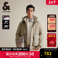 杰克·琼斯（JACK&JONES）冬季logo贴布日常休闲宽松抽绳连帽羽绒服男款224412036 浅卡其E11 M