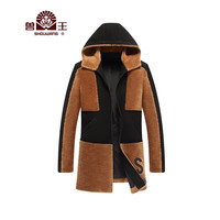 兽王羊剪绒男 绵羊皮男士羽绒服白鸭绒羊毛大衣冬季加绒加厚中长款连帽撞色拼接外套真皮标志 黑驼 48(170/M)