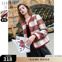 三彩女装2024冬季新款香风毛呢大衣圆领短款复古格纹外套宽松女  160/84A/