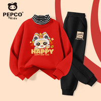 小猪班纳儿童新年衣服2025蛇年男童冬季加绒套装时髦洋气女童红色拜年冬装 红/伸手-黑/线条方K 130