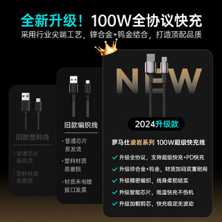 罗马仕Type-C数据线6A超级快充100W/66W充电线适用华为Mate60Pro/50苹果16/15安卓手机车载5A线1.2米