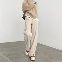 人字纹加绒阔腿裤女秋冬2024毛呢开叉裤子直筒羊毛窄版香蕉裤