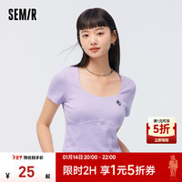 Semir 森马 短款t恤女方领刺绣上衣夏女夏装紧身小性感针织短袖 紫罗兰70314 150/76A/XS