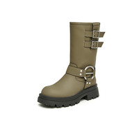 Tata他她厚底骑士靴女靴时尚加绒牛皮中筒靴机车靴冬季W5P01DS3 绿色(绒里) 35