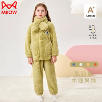 猫人 MIIOW男童法兰绒睡衣秋冬款加厚绒中大童女孩儿童珊瑚绒家居服套装 趴趴熊牛油果绿-围巾款 150cm
