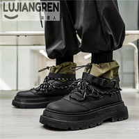 路匠人高帮马丁靴秋季厚底增高工装鞋户外休闲鞋时尚韩版百搭男 黑绿 39