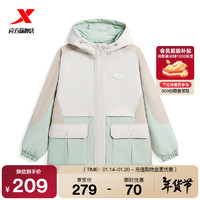 特步连帽棉服撞色防风外套冲锋衣保暖上衣977428170265 古董白/浅玉绿/暖杏色 L