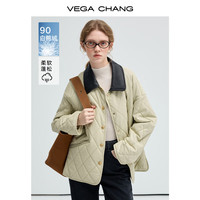 VEGA CHANG轻薄羽绒服女2024年冬季90白鸭绒撞色翻领PU皮保暖外套 浅豆绿 L