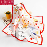 上海故事 真丝小方巾春秋儿童围巾围脖桑蚕丝领巾 猫咪乐园 红色