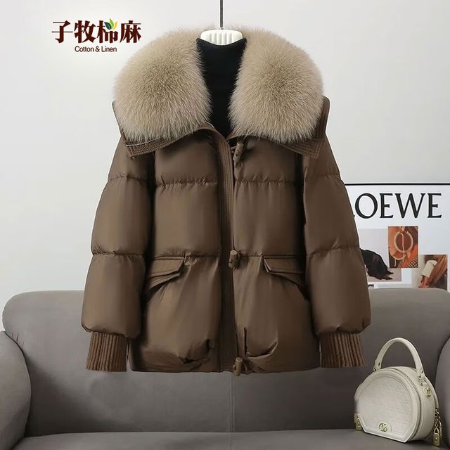子牧棉麻 女士毛领羽绒服外套