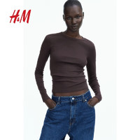 H&M 女装T恤2025春季新款简约舒适修身柔软圆领长袖内搭上衣1254718