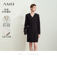 AMII 2024秋优雅通勤V领宽肩垫肩连衣裙女低重心收腰长袖裙子 黑色 170/92A/XL