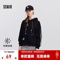 森马 Semir永久联名卫衣女加绒插肩袖宽松冬季酷字母印花连帽上衣个性