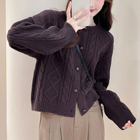 唐狮复古圆领开衫外套女棕色针织衫毛衣女美拉德穿搭qd