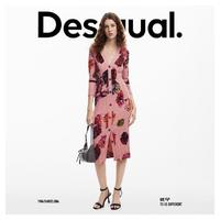 Desigual 女士手绘印花前开衩V领长袖连衣裙