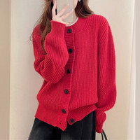 唐狮慵懒风坑条设计宽松针织开衫女冬季红色圆领毛衣qd